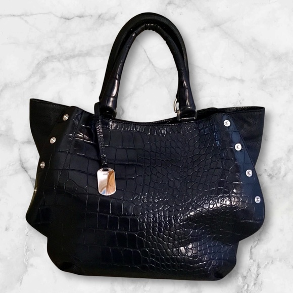 Furla Onyx Black Leather Embossed Croc Tote Bag